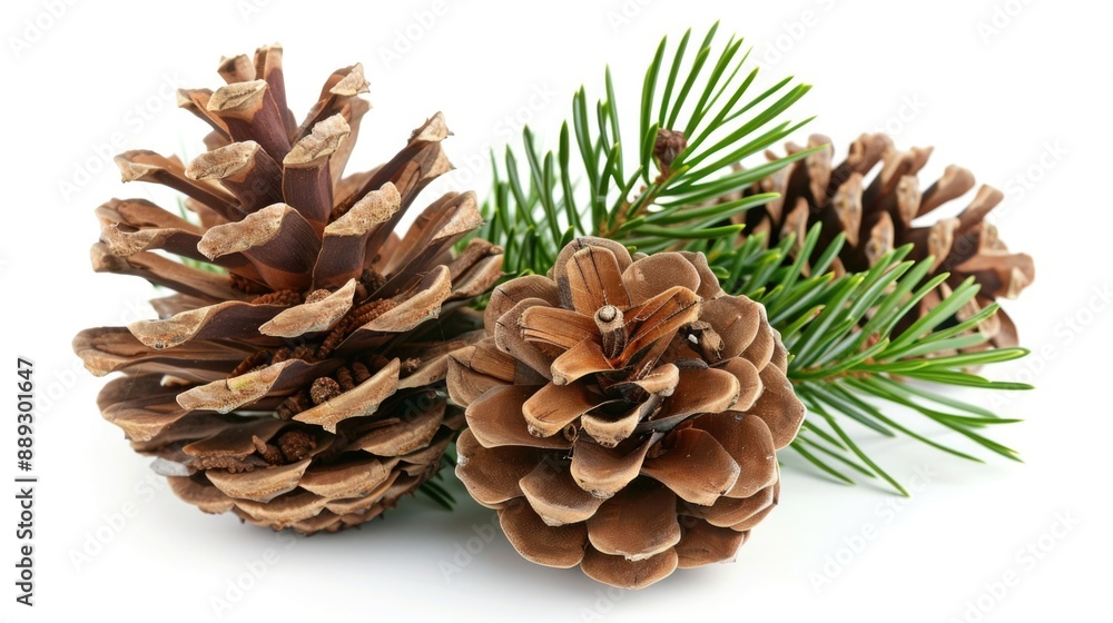 Pine Cones with Tree Branch on White Background. Natural Christmas Decoration in Green and White Pine Cones with Tree Branch on White Background. Natural Christmas Decoration in Green and White