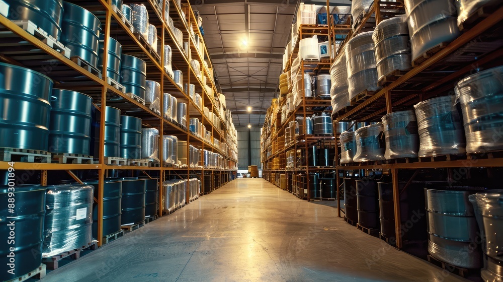 Industrial Warehouse with Stacked Metal Drums Industrial Warehouse with Stacked Metal Drums