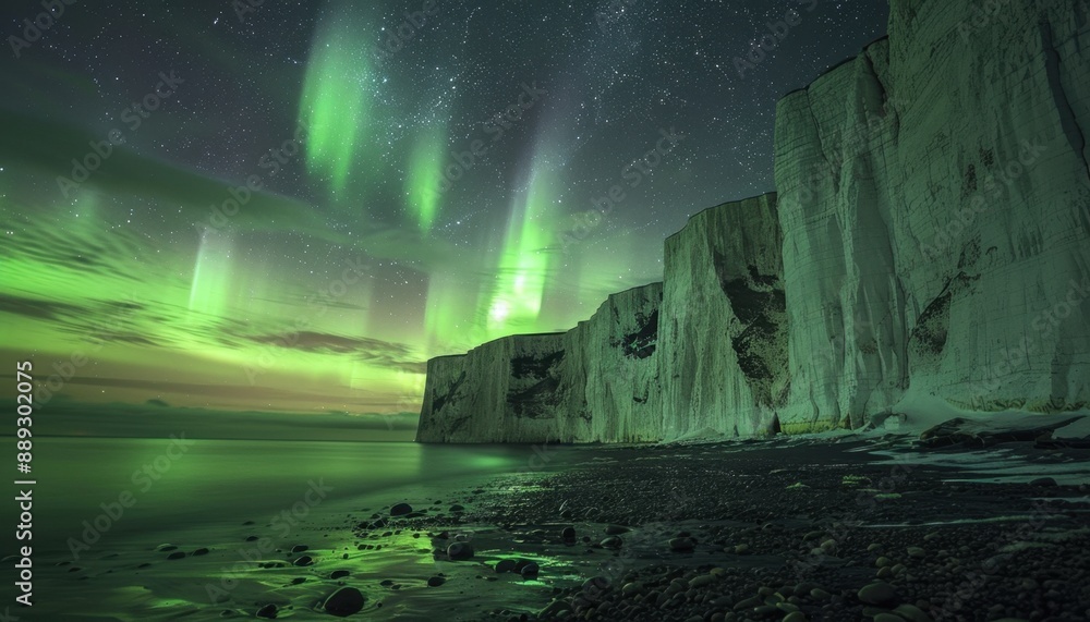 Obraz premium Green Aurora Borealis Lights Up The Cliffs Of Dover At Night