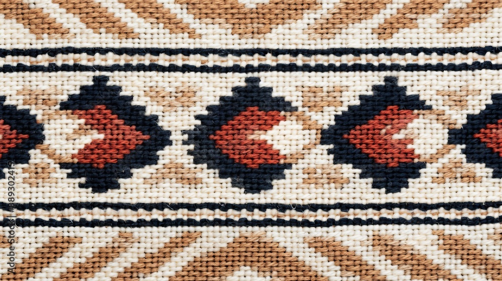 Ethnic geometric fabric pattern in cross stitch, featuring detailed motifs in natural colors