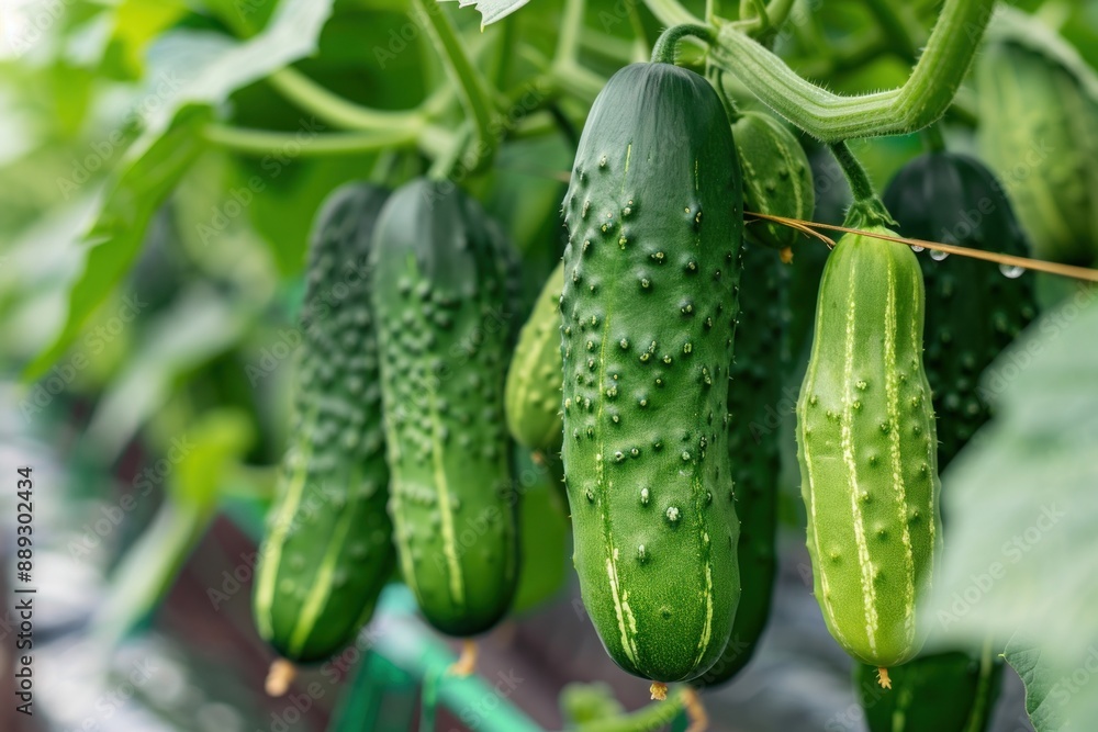 cucumber growing on tree branch. Group of fresh beautiful young cucumbers cucumber growing on tree branch. Group of fresh beautiful young cucumbers