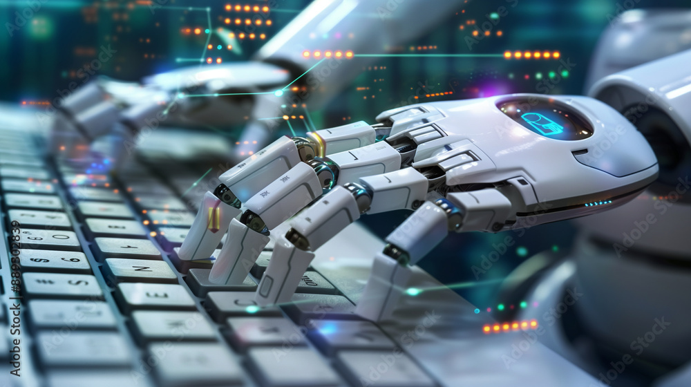 a close-up of a robotic hand typing on a keyboard with visual representations of machine learning algorithms and data flows in the background, AI, machine learning, robotic technol a close-up of a robotic hand typing on a keyboard with visual representations of machine learning algorithms and data flows in the background, AI, machine learning, robotic technol