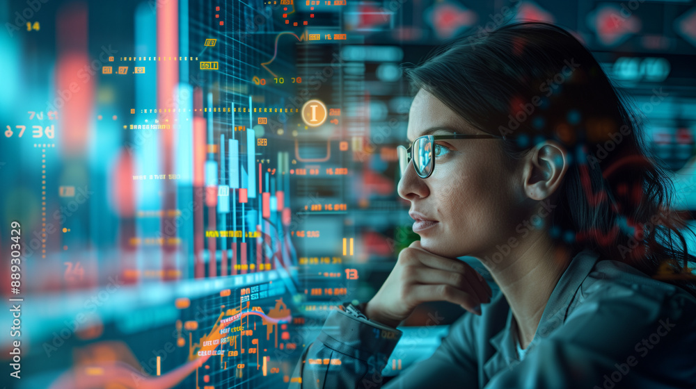 a financial analyst using AI software to predict market trends and analyze investment opportunities, with digital charts and financial data in the background, AI, machine learning, a financial analyst using AI software to predict market trends and analyze investment opportunities, with digital charts and financial data in the background, AI, machine learning,