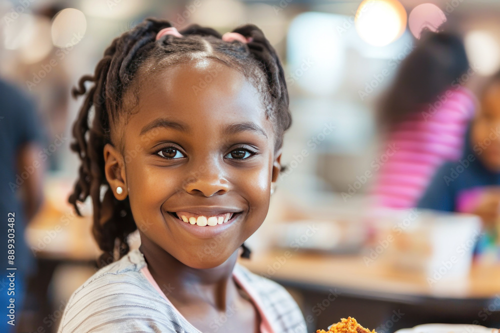 Afro american cheerful young girl with braided hair and earrings smiles brightly while sitting in a school cafeteria. Afro american cheerful young girl with braided hair and earrings smiles brightly while sitting in a school cafeteria.