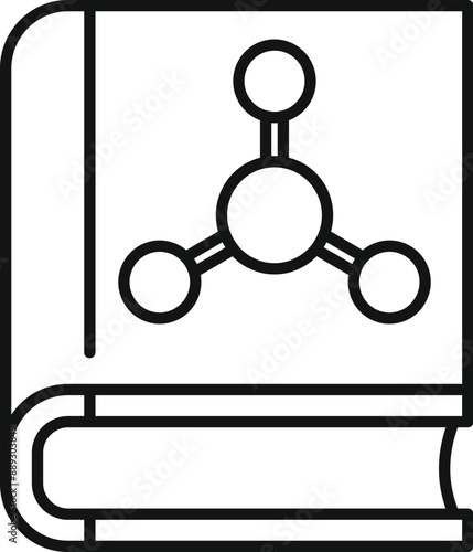 Line art icon of a textbook with a molecule on the cover, representing a chemistry textbook
