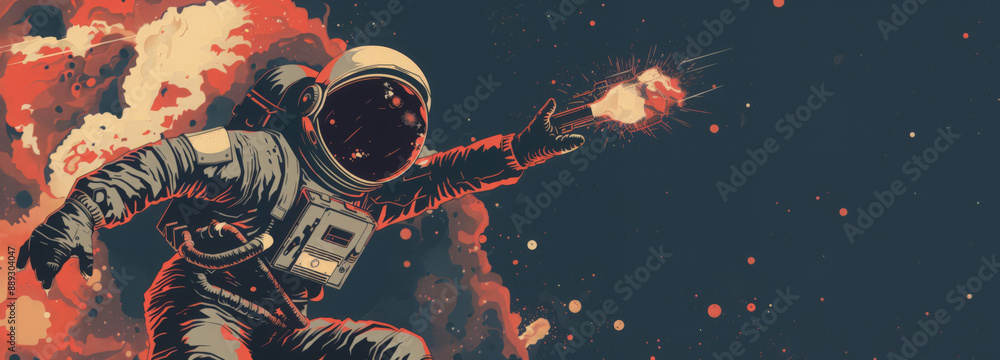 Obraz premium Astronaut in a space suit reaching out with one hand in a dark, star-filled space background, creating a sense of exploration.