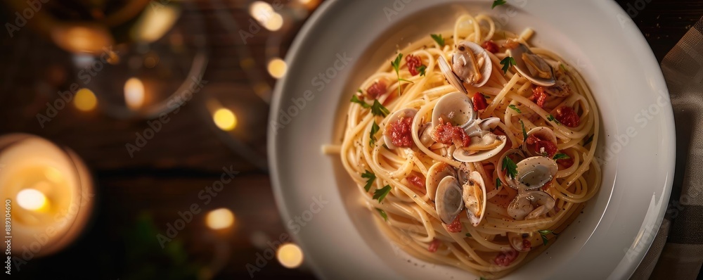 Close-up of a delicious plate of clam spaghetti on a cozy evening setting with warm candlelight in the background. Close-up of a delicious plate of clam spaghetti on a cozy evening setting with warm candlelight in the background.