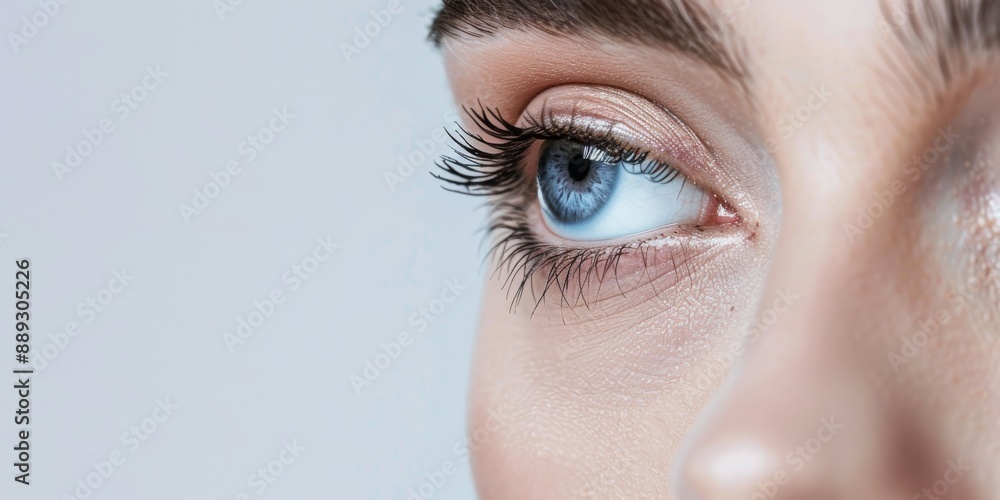Fototapeta premium The image beautifully showcases a womans mesmerizing blue eye, accentuating her charm with luxurious eyelashes and glowing skin, embodying an essence of allure and sophistication