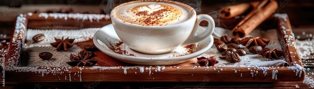 A cozy cup of cappuccino on a wooden tray with cinnamon sticks and star anise, capturing the essence of a perfect autumn morning. A cozy cup of cappuccino on a wooden tray with cinnamon sticks and star anise, capturing the essence of a perfect autumn morning.