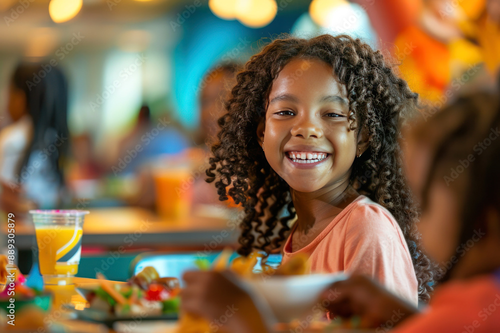 Afro american cheerful young girl with braided hair and earrings smiles brightly while sitting in a school cafeteria. Afro american cheerful young girl with braided hair and earrings smiles brightly while sitting in a school cafeteria.