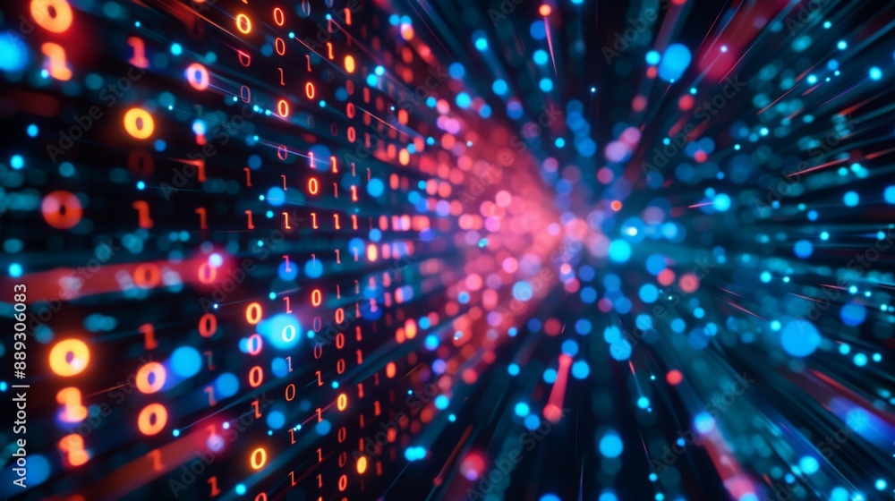 Fototapeta premium A digital tunnel filled with binary code and glowing red and blue lights.