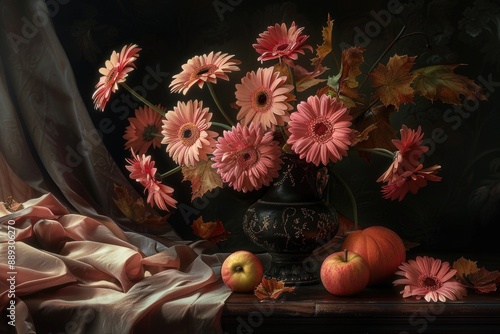 Fototapeta Naklejka Na Ścianę i Meble -  A vase with fresh flowers and some fruit placed on a table