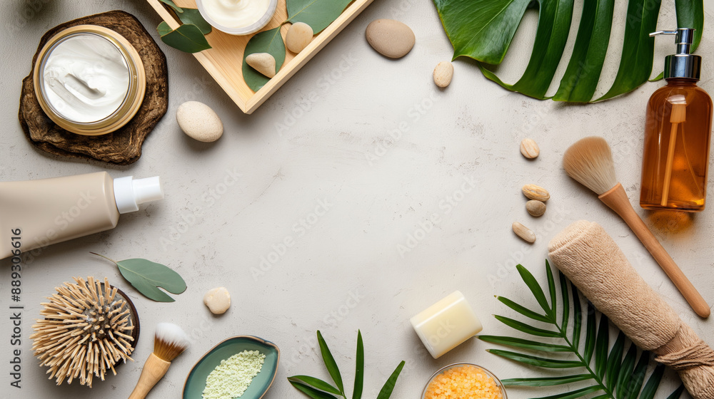 Flat lay of natural beauty products with palm leaves and stones on a white surface Flat lay of natural beauty products with palm leaves and stones on a white surface