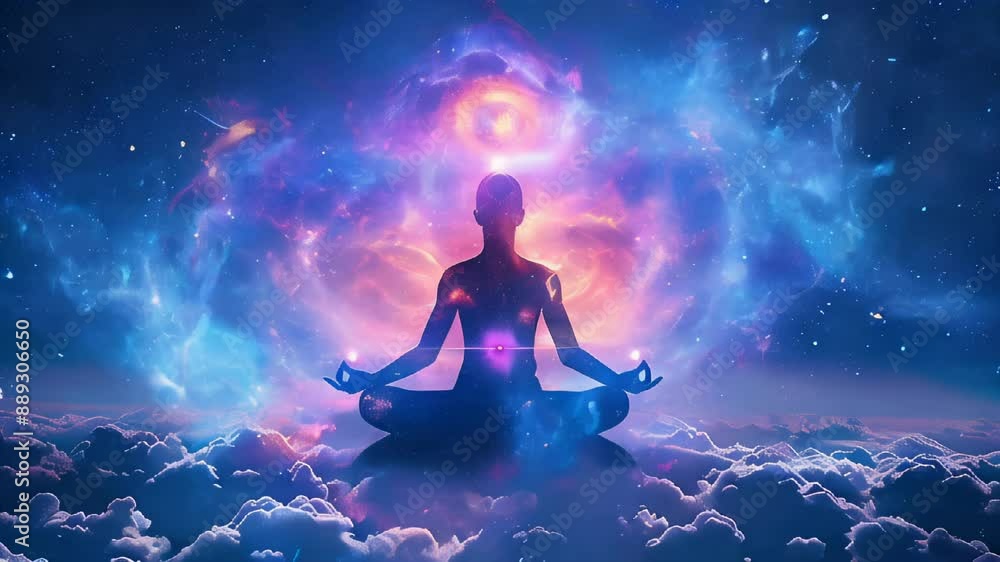 Chakra balancing, colored lights, meditative pose, copy space, energy alignment, surreal, composite, tranquil space backdrop Chakra balancing, colored lights, meditative pose, copy space, energy alignment, surreal, composite, tranquil space backdrop