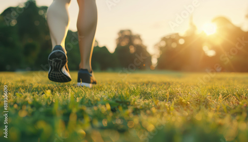 A person is running in a park with the sun shining on them