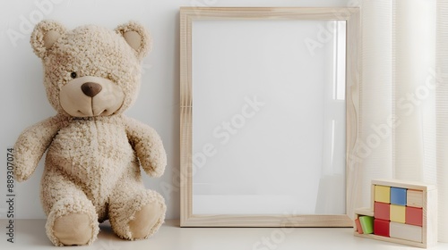 Cozy Teddy Bear Soft Toy in Rustic Wooden Frame on White Wall