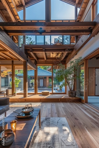 Modern Japani Architecture exterio, a fusion of traditional Japanese and Scandinavian styles, both of which are centered around simplicity, natural elements. photo