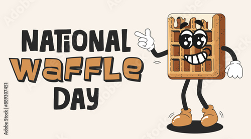 National waffle day banner template. Groovy waffle character in retro style. Holiday concept. Sweets mascot character. Design for background, banner, placard, card, and web. Bakery pastry product 