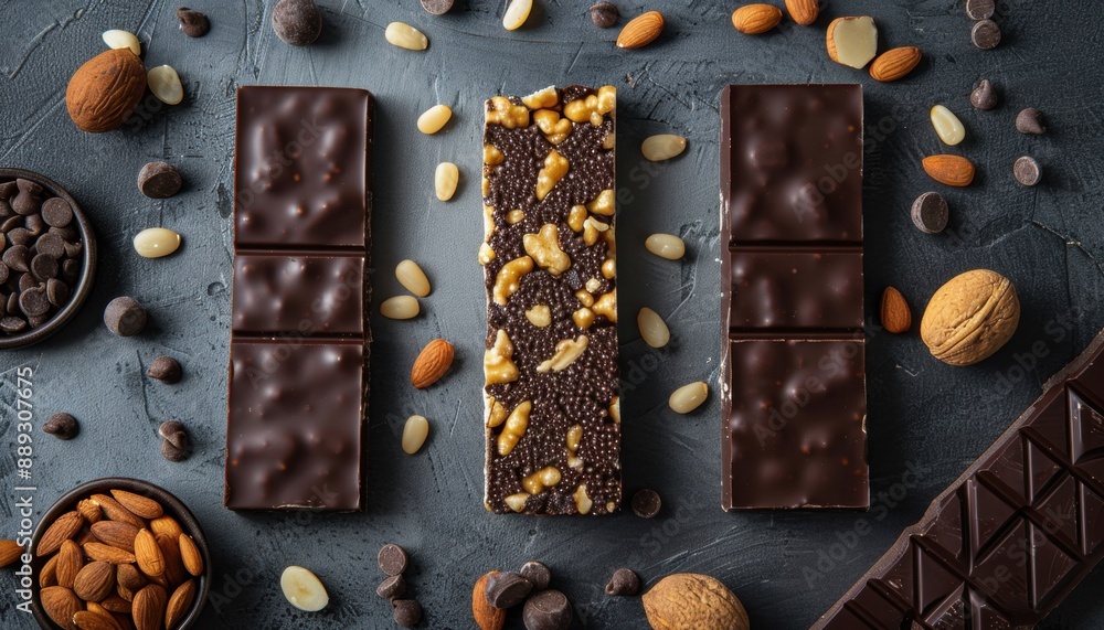 Dark Chocolate Bars With Almonds, Walnuts, and Pine Nuts on a Gray Surface Dark Chocolate Bars With Almonds, Walnuts, and Pine Nuts on a Gray Surface