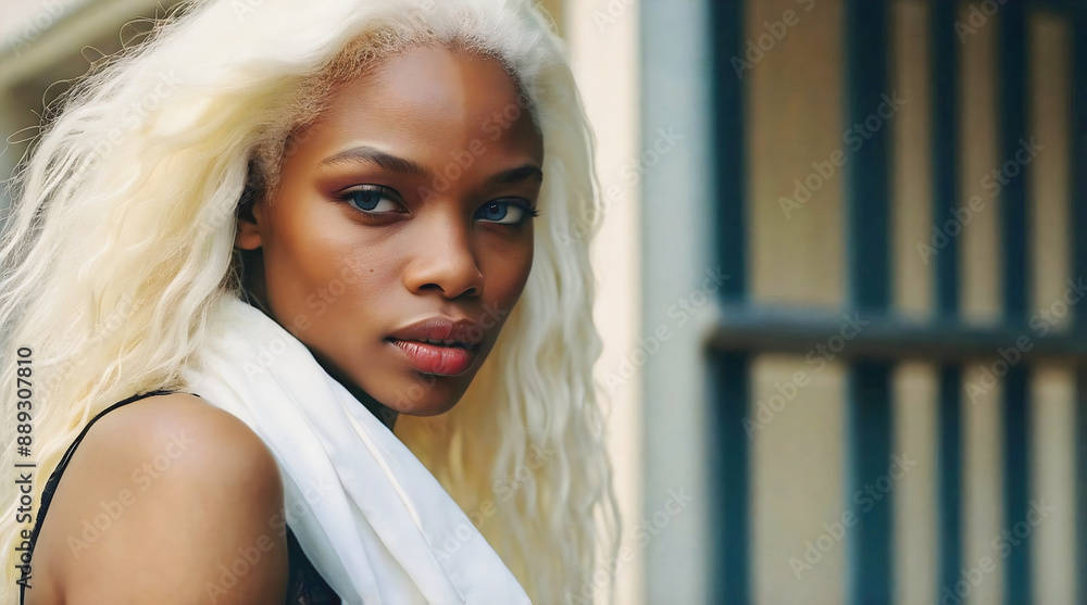 Portrait of beautiful African American female albino model, white Afro, fashion and lifestyle, diversity, people background
