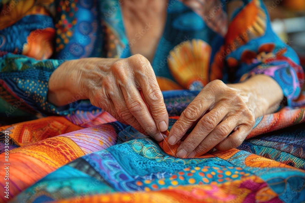 A close-up view of the kite designer's hands as they carefully sew the fabric pieces of a kite together. The vibrant colors of the fabric and the intricate stitching patterns highlight the A close-up view of the kite designer's hands as they carefully sew the fabric pieces of a kite together. The vibrant colors of the fabric and the intricate stitching patterns highlight the