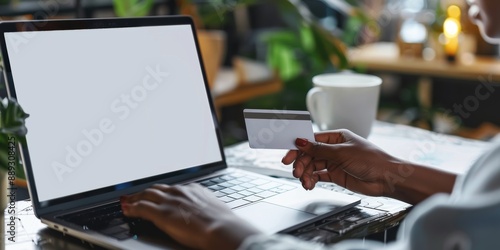 Online payment, business investment, and savings insurance mockups with hands, credit cards, or laptops. Zoom, black woman, or blank screen for financier on fintech budget website.