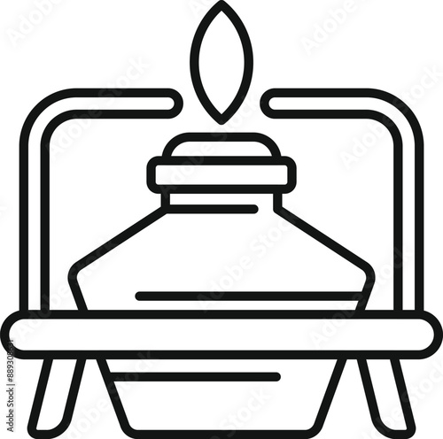 Line icon of a chemical flask on a tripod, being heated by a flame