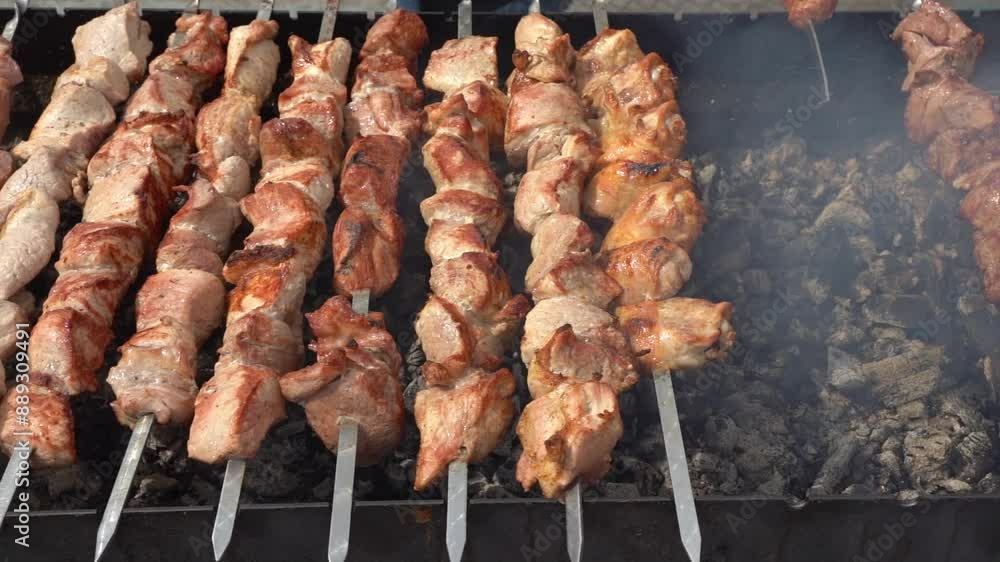 Kebab skewer meat dish. BBQ meat on grill. Kebab skewer meat dish. BBQ meat on grill.