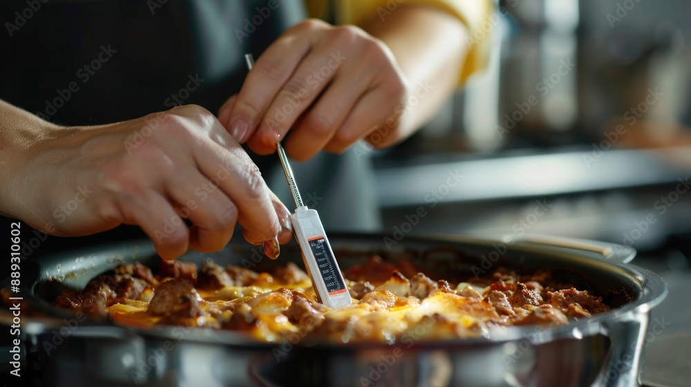 Close-up of a worker using a digital thermometer to ensure a casserole reaches the correct internal temperature. Close-up of a worker using a digital thermometer to ensure a casserole reaches the correct internal temperature.