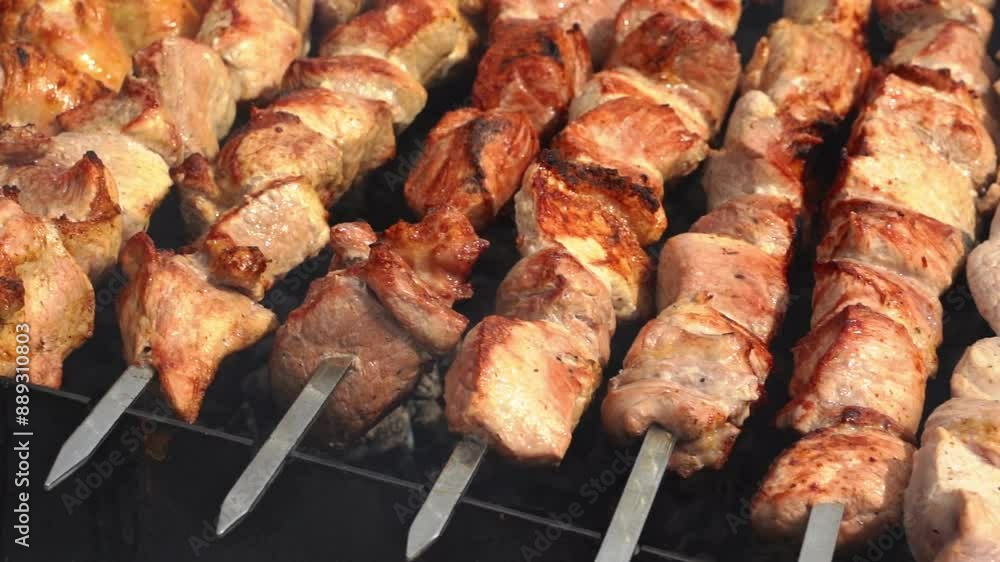 Kebab skewer meat dish. BBQ meat on grill. Kebab skewer meat dish. BBQ meat on grill.