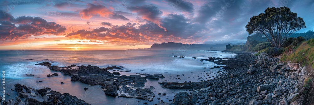 Fototapeta premium Stunning sunrise over rugged Otara coastline, rocky beach, distant mountains, long exposure, perfect composition, Nikon D850 camera.