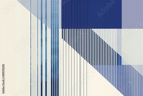 Blue and white geometric shapes and lines create an abstract cityscape photo