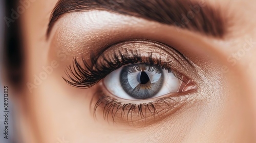 Close up of a woman's blue eye with long eyelashes and shimmery eyeshadow.