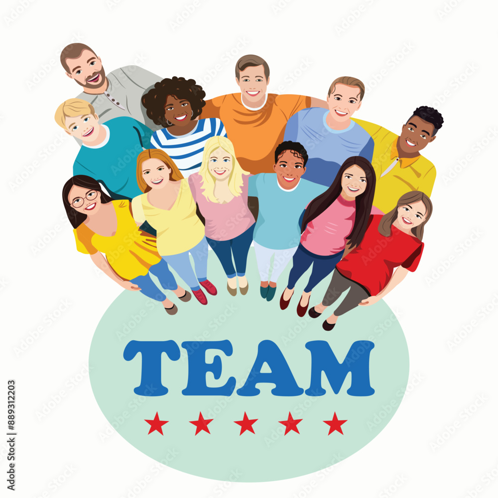 Multicultural group of people stand together, hug and look up . Cartoon characters on white background. Vector illustration in flat style Multicultural group of people stand together, hug and look up . Cartoon characters on white background. Vector illustration in flat style