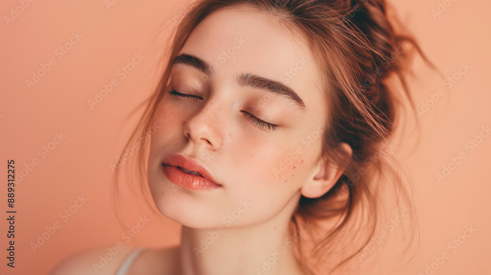 Young woman with minimalistic makeup posing against peach wall Young woman with minimalistic makeup posing against peach wall