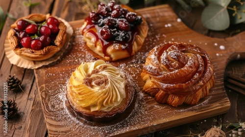 Wallpaper Mural Three pastries on a table made of wood Torontodigital.ca