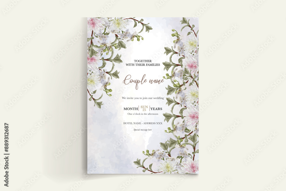 WEDDING INVITATION FRAME WITH FLOWER DECORATIONS AND FRESH LEAVES WEDDING INVITATION FRAME WITH FLOWER DECORATIONS AND FRESH LEAVES