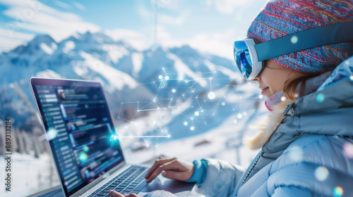 High-end bleisure traveler enjoying a private skiing adventure, typing on a laptop while taking a break, hologram message icons popping up around the laptop