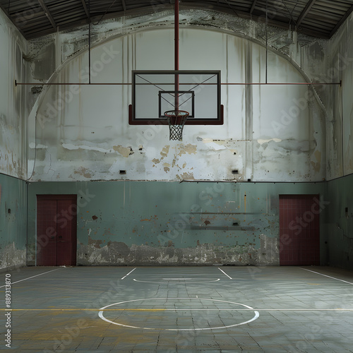 an old abandoned high school gym with a basketball hoop isolated on white background, png photo