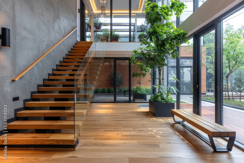Hallway with wooden staircase and glass wall. Big potted tree against wooden bench. Minimalist home interior design of modern entrance hall with glass, Generative AI Hallway with wooden staircase and glass wall. Big potted tree against wooden bench. Minimalist home interior design of modern entrance hall with glass, Generative AI