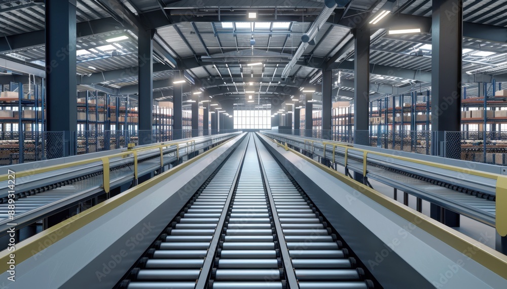 Empty Conveyor Belt System in a Modern Warehouse Empty Conveyor Belt System in a Modern Warehouse