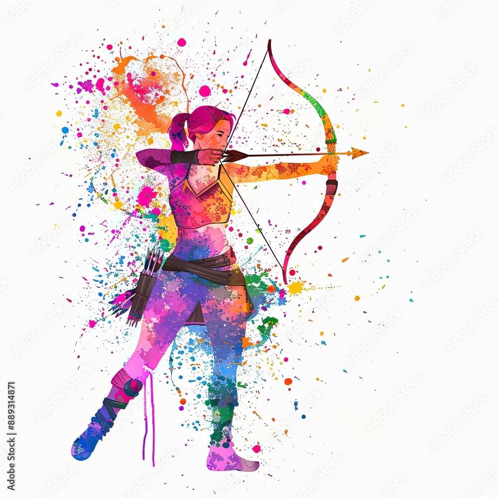 Fototapeta premium A vibrant watercolor illustration shows a female archer drawing a bow, with colorful splashes on a white background, adding motion and energy.