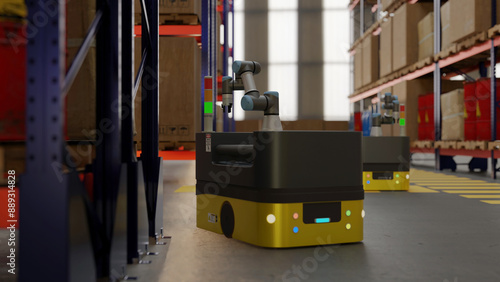 Factory 4.0 concept: The collaboration of Collaborative Robot, Industrial robot, AGV(automated guided vehicle) and AI in smart warehouse. 3D illustration