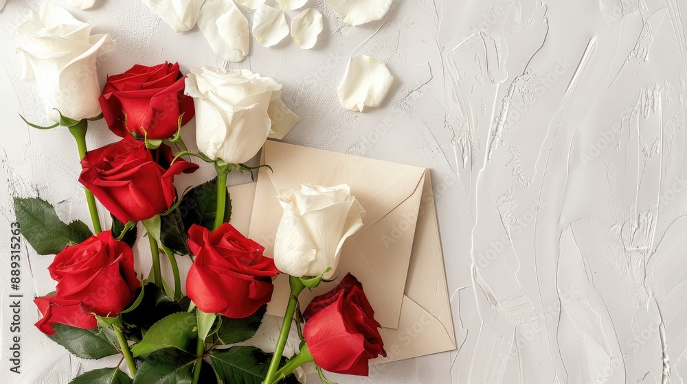 White roses and red envelopes with copy space on table White roses and red envelopes with copy space on table