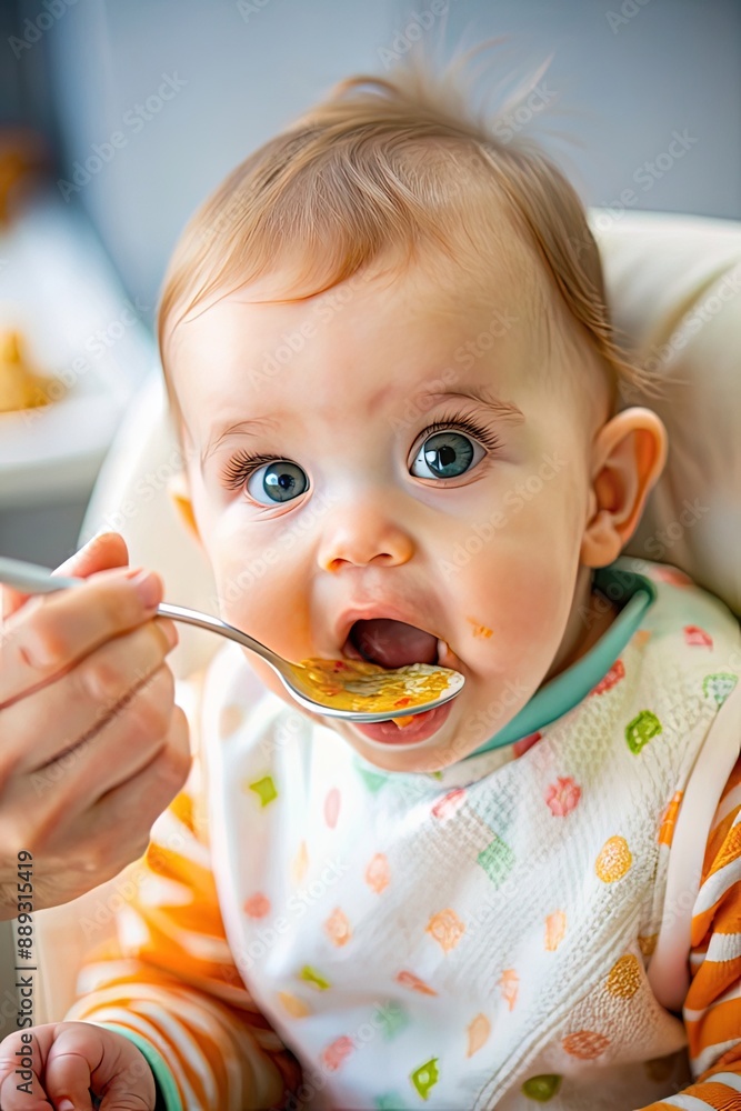 Happy smiling baby with mom while eating in the living room at home. Preschool child development, food menu for 1 year old Happy smiling baby with mom while eating in the living room at home. Preschool child development, food menu for 1 year old