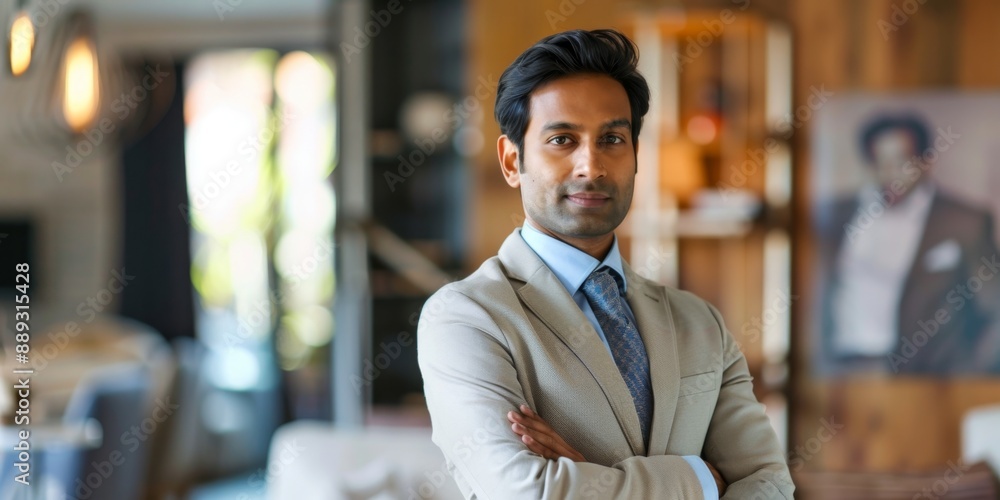 Fototapeta premium Confident Indian Businessman in His 40s with Black Hair and Light-Colored Suit, Portrait of a Successful Individual, 4K High-Resolution Wallpaper, AI-Generated Background