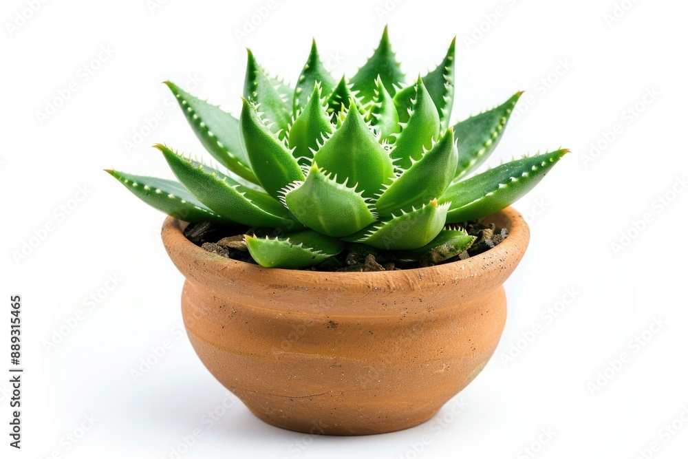 Small Plant in Pot - Green Succulent or Cactus Isolated on White Background Small Plant in Pot - Green Succulent or Cactus Isolated on White Background
