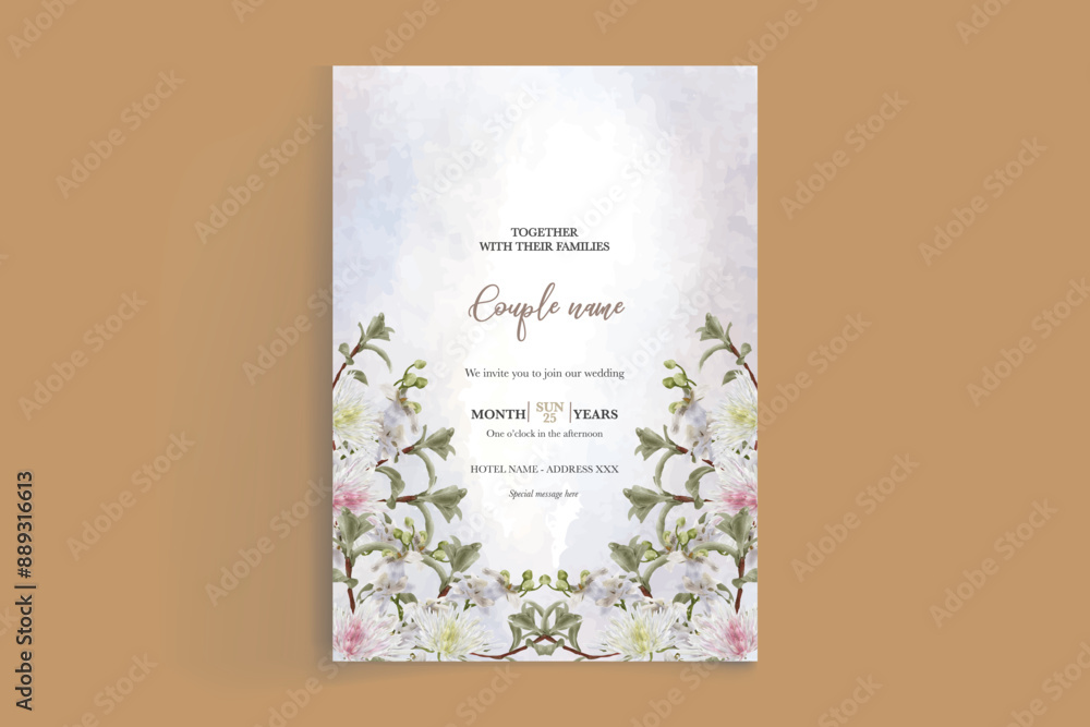 WEDDING INVITATION FRAME WITH FLOWER DECORATIONS AND FRESH LEAVES WEDDING INVITATION FRAME WITH FLOWER DECORATIONS AND FRESH LEAVES