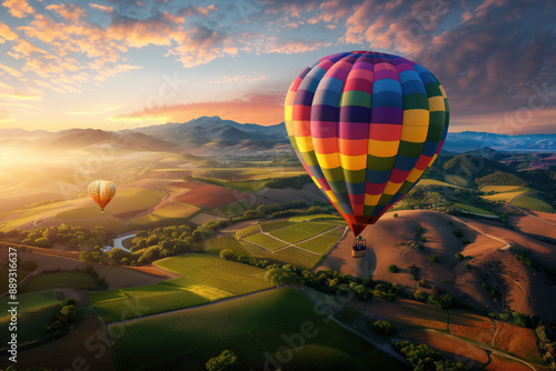 Luxurious Hot Air Balloon Ride Over Rolling Green Hills and Vineyards with High-End Beiisure Travel Attire Passengers photo