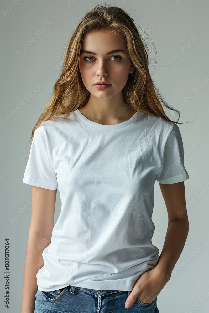 White tshirt mockup on woman model created with Generative AI White tshirt mockup on woman model created with Generative AI